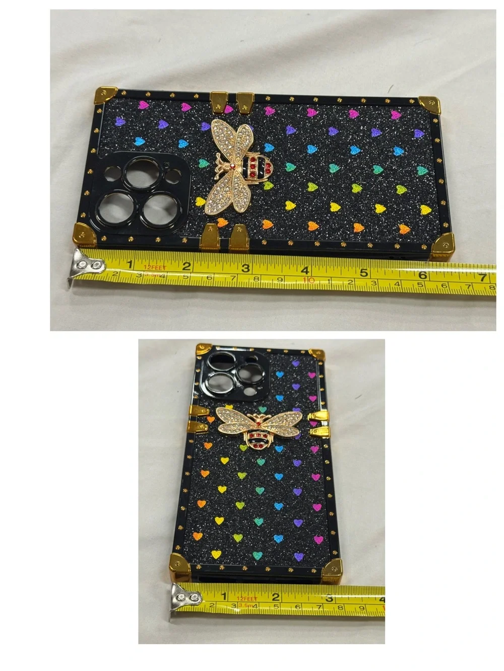 15 Pro Max Phone Case with Rainbow Hearts and Bee.